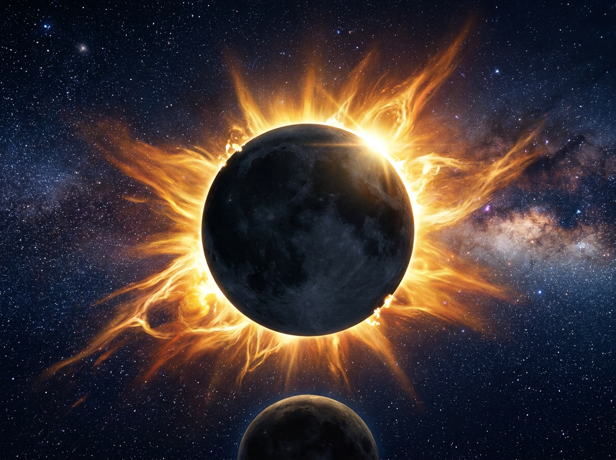 Solar eclipse illustration showing the Sun's glowing corona around the dark silhouette of the Moon